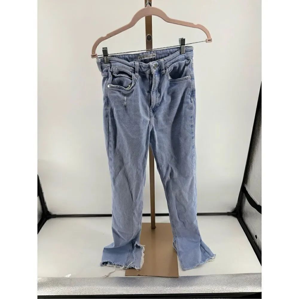 Zara Brono Blue Split Flare Jeans Light Wash Raw Hem Size 4 EUR 36